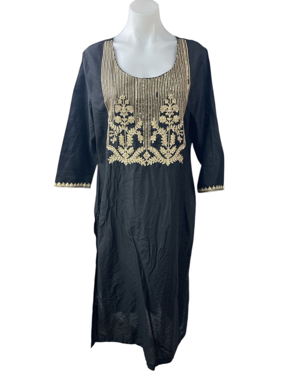 NEW Kashish Women's Black Embroidered 3/4 Sleeve Round Neck Tunic Kurta Dress XL